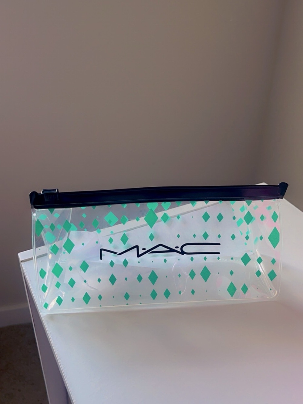 MAC Clear Cosmetic Pouch with Teal Diamond Print